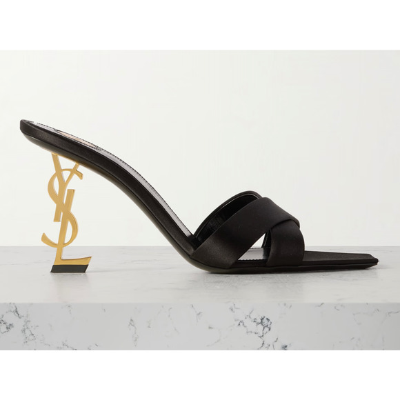Saint Laurent Opyum 85 Sandal Black Satin Gold YSL Heel Backless Mule Pump 37.5 - Picture 3 of 16